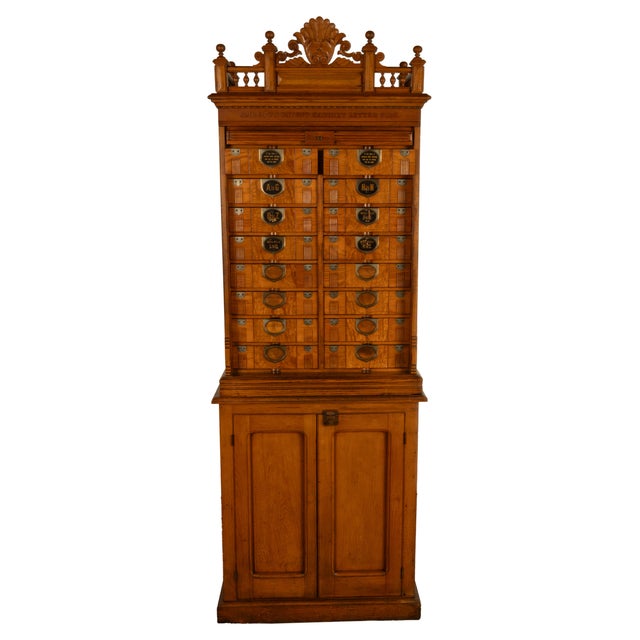 Wood Antique American Carved Oak Victorian Roll Top Letter File Cabinet Amberg Co, 1883 For Sale - Image 7 of 16