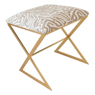 Matthew Izzo Home X Side Stool in Beige Geometric Upholstery and Gold Leaf Base For Sale