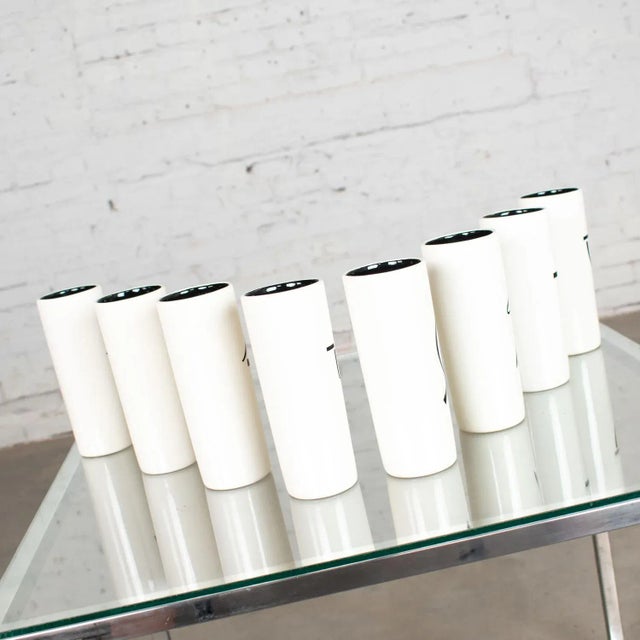Vintage Mid-Century Modern Tumblers or Vases Ceramic White & Black With Asian Symbols, Set 8 For Sale - Image 6 of 13