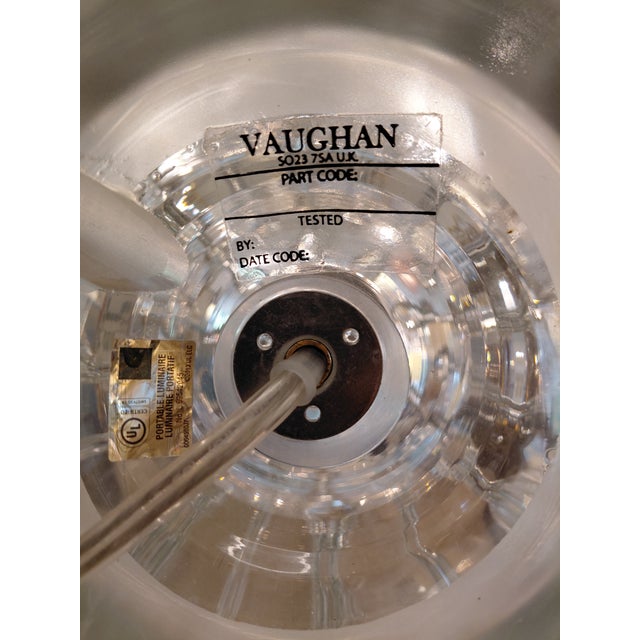 An exceptional pair of authentic Vaughan Pavia crystal glass table lamps (Model TG0080.NI), handcrafted in England. This...
