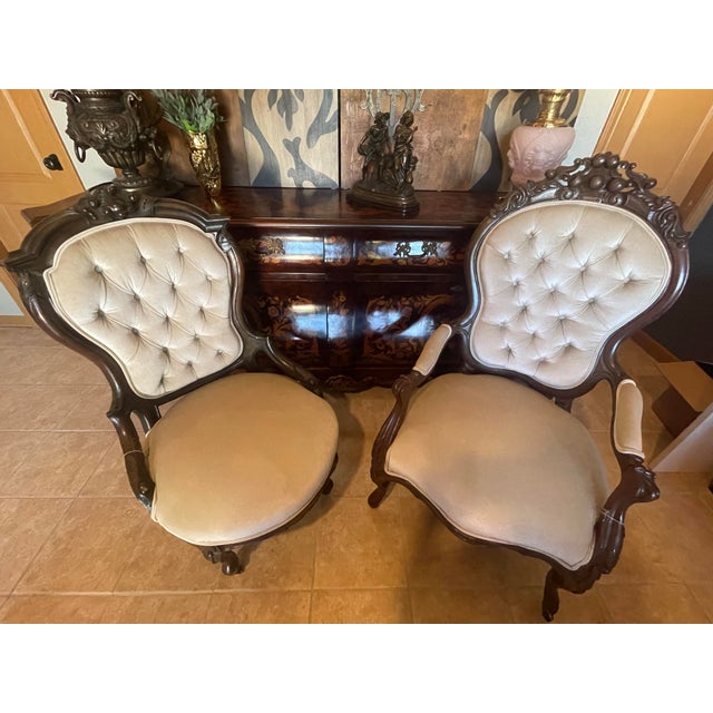 Victorian Revival Carved Wood & Tufted Upholstered Parlor Chairs – Pair For Sale - Image 12 of 12