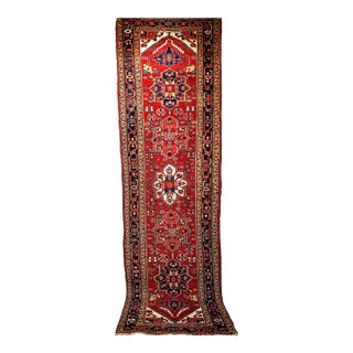 Vintage Persian Heriz Wide Runner, Hand-Knotted Wool, Geometric Design, Red & Navy, 4x12 For Sale