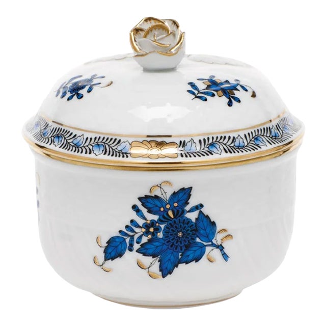 Herend Chinese Bouquet Black Sapphire Porcelain Sugar Bowl For Sale
