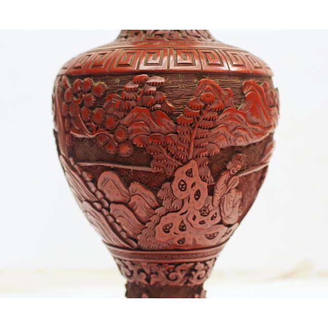 Red 18th Century Pair of Chinese Qing Dynasty Cinnabar Vases Mounted as Lamps - Pair For Sale - Image 8 of 14