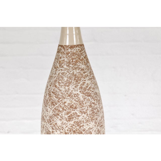 Hand-Crafted Artisan Bottle Shaped Brown and Cream Ceramic Vase with Dripping For Sale - Image 9 of 12