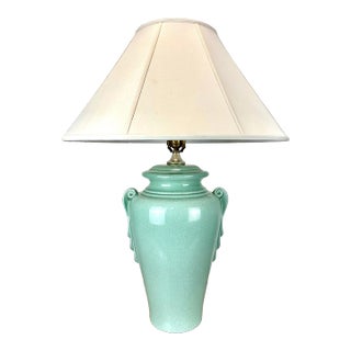 Mid Century Modern Celedon Crackle Glaze Ginger Jar Table Lamp For Sale