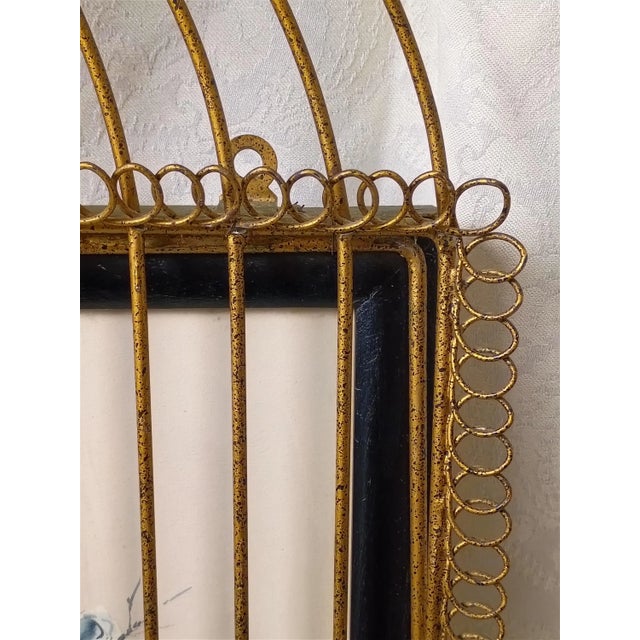 1950s Chinoiserie Caged Blue Bird Original Watercolor Painting by William Edwin Fager Gilt Metal Birdcage Frame For Sale - Image 10 of 17