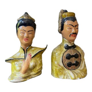 Pair of Asian 6” Chalkware Statue Busts For Sale
