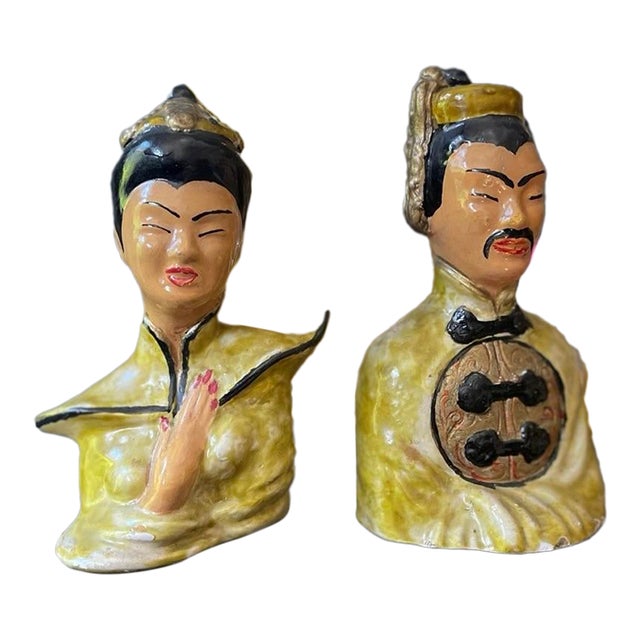 Pair of Asian 6” Chalkware Statue Busts For Sale