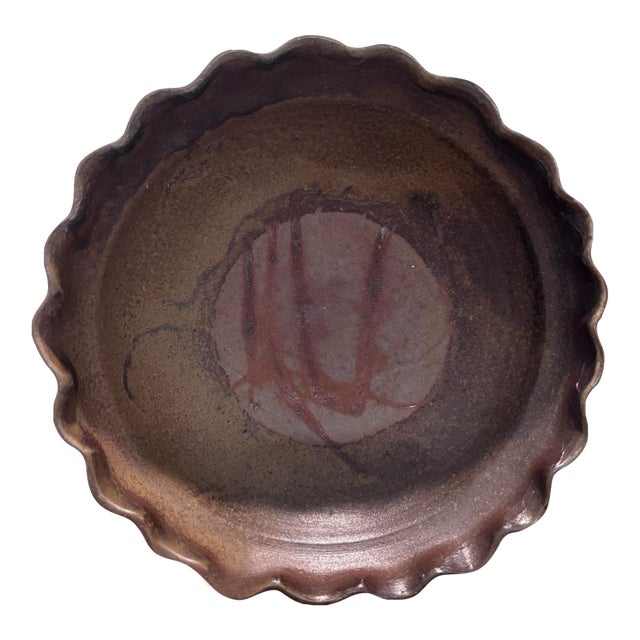 Vintage Hand-Thrown Stoneware Art Bowl – Scalloped Edge Zen Enso Swirl Signed For Sale