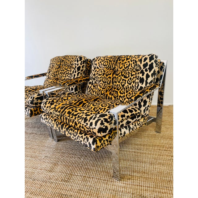 1970s Vintage 1970s Cy Mann Pair of Leopard & Chrome Lounge Chairs Mid Century Modern For Sale - Image 5 of 17