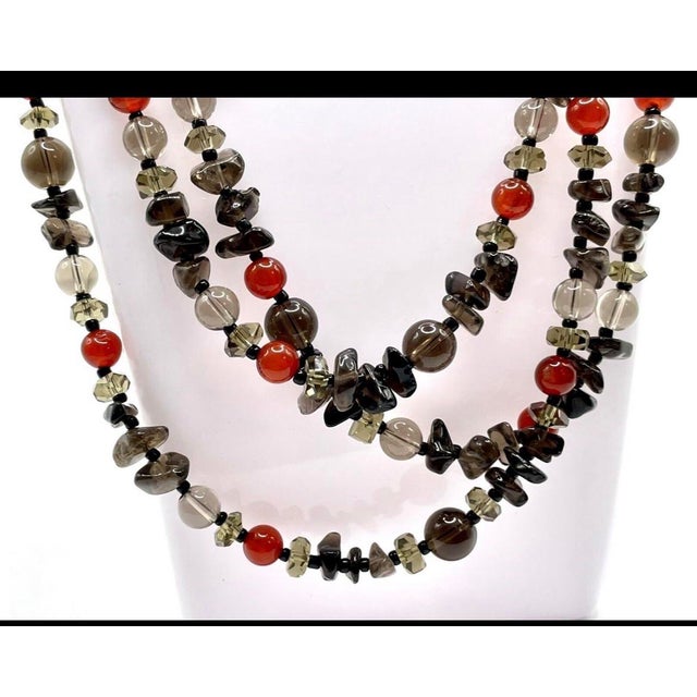 Boho Chic 1960s Gemstone Three Strand Necklace Clear Quartz, Smokey Quartz and Carnelian Fastened With Hook Clasp For Sale - Image 3 of 5