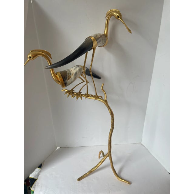 Bronze Italian Perched Birds Sculpture With Natural Horns & Dore Bronze, Hauy Pouigo 34" For Sale - Image 8 of 12