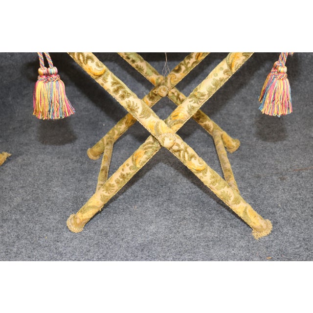 1910s Pair English Folding X Benches in Damask Upholstery For Sale - Image 5 of 9
