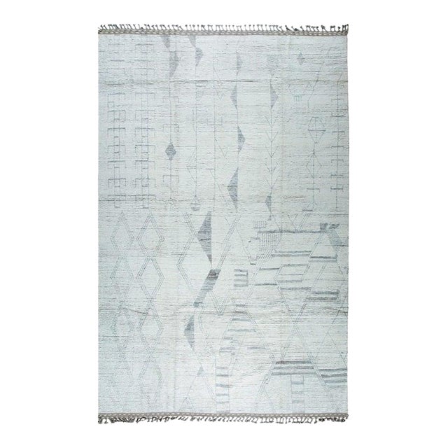 9x13 Ivory Hand-Knotted Wool Faded Diamond Tribal Modern Carpet Rug For Sale