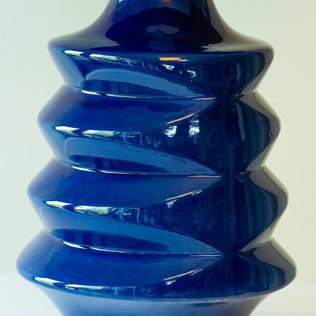 Blue Sapphire Blue Ceramic Floor Table Lamp with Lampshade attributed to R. Houben, 1970s For Sale - Image 8 of 10