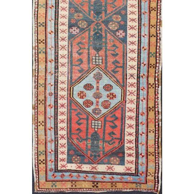 Tribal Antique Colorful Persian Heriz-Serapi Runner With a Bold Geometric Design 3'1 X 10'10 For Sale - Image 3 of 13