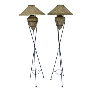 Lantern Floor Lamps in Wicker and Metal a Pair. For Sale