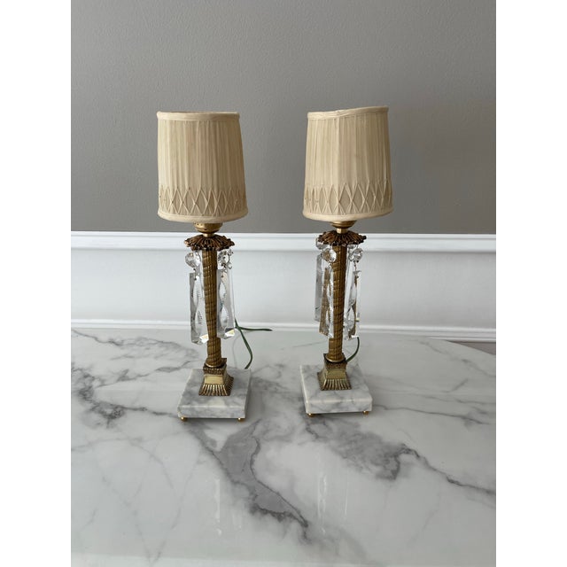 Neoclassical Antique Pair of Neo-Classical Petite Brass and Cut Crystal Lamps Completely Restored For Sale - Image 3 of 11