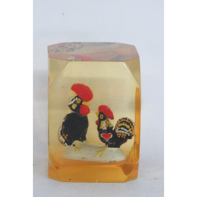 Barcelos Roosters Encased Lucite Souvenir Paperweight Amber Tinted Acrylic 5105b For Sale - Image 15 of 15