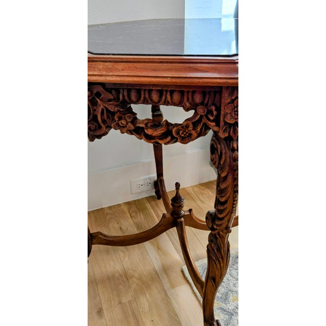 Black Victorian Style Octagonal Carved Wood Accent Table With Black Marble Top For Sale - Image 8 of 9