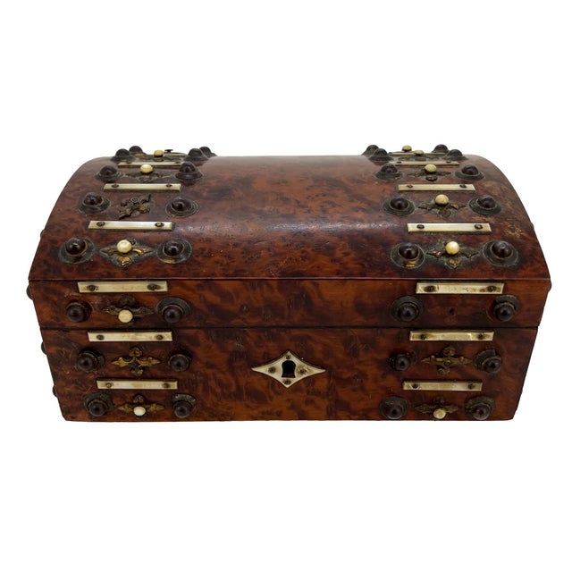 Burl Walnut and Brass Dome-Top Box With Mother-Of-Pearl, English, Ca. 1860 For Sale - Image 9 of 9