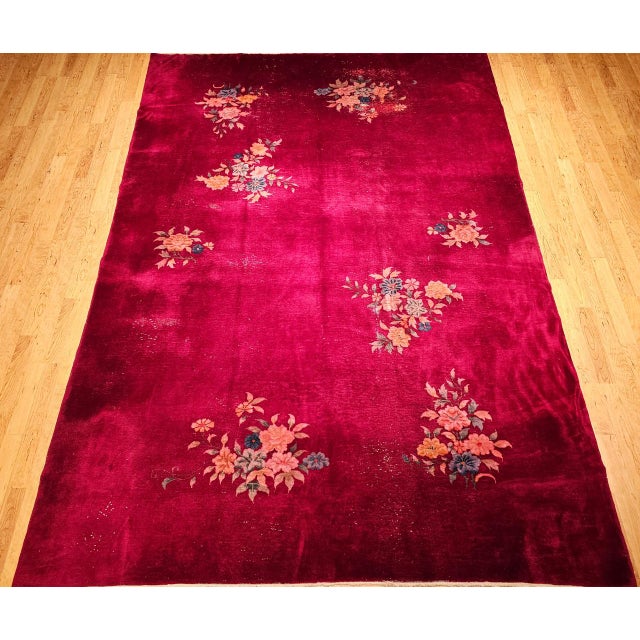 Antique Chinese Art Deco Rug, Hand-Knotted Wool, Crimson Floral Design, 10x14 For Sale - Image 13 of 18