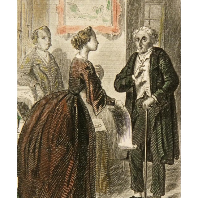 Charming French engraving of a young woman consulting an elder with paper in hand, circa 1860. Original hand color....