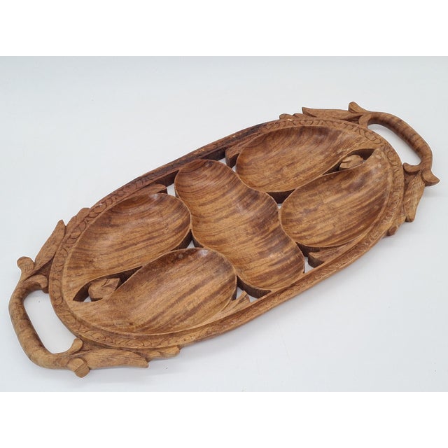Brown Hand-Carved Teak Tray, India, 1960s For Sale - Image 8 of 10