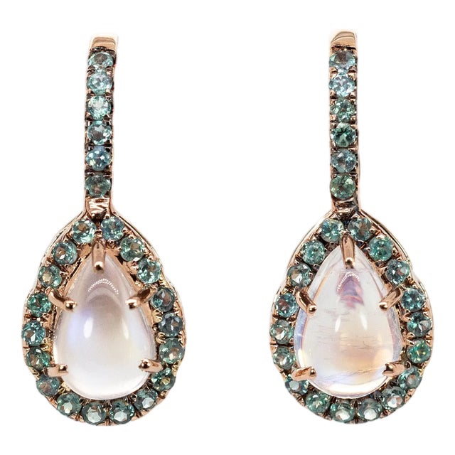 Aaa Rainbow Moonstone and Alexandrite Earrings in 14k Rose Gold | Pear 9.7x6.5mm- Set of 2 For Sale