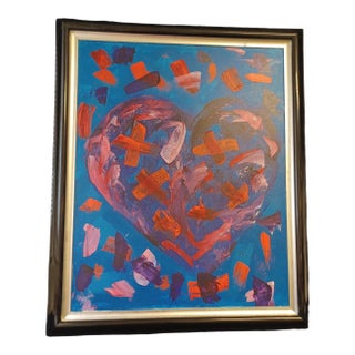Vintage Framed Mixed Media Painting of Heart on Canvas Signed For Sale