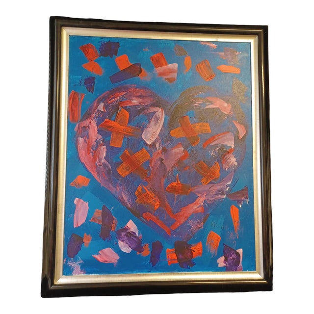 Vintage Framed Mixed Media Painting of Heart on Canvas Signed For Sale