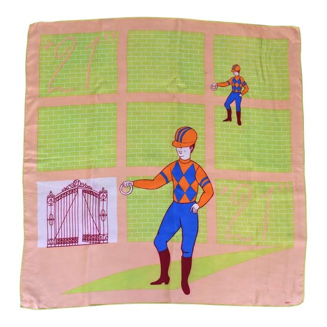 The "21" Club Lime & Peach Silk Scarf W/ Jockey Logo XXV For Sale