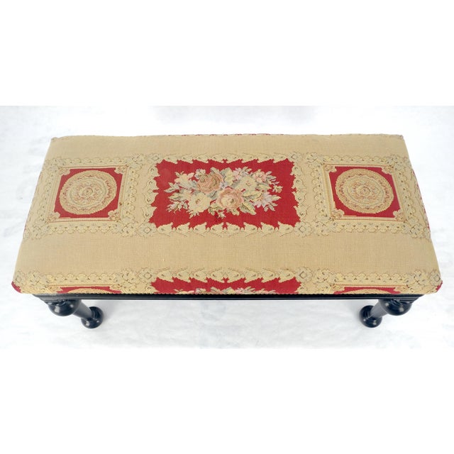 Brown Tapestry Upholstery Massive Turned Black Lacquer Legs Window Bench MINT For Sale - Image 8 of 14