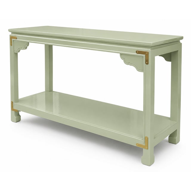 This elegant Chinoiserie-style console table has been professionally refinished in Benjamin Moore Landscape 430, a...