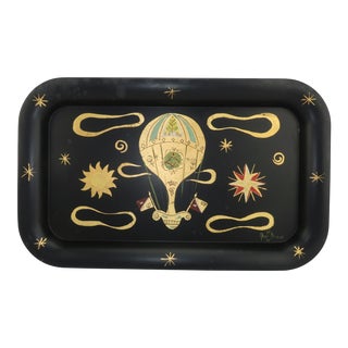 Vintage Georges Briard Black & Gold Tole Tray With Balloon Motif For Sale