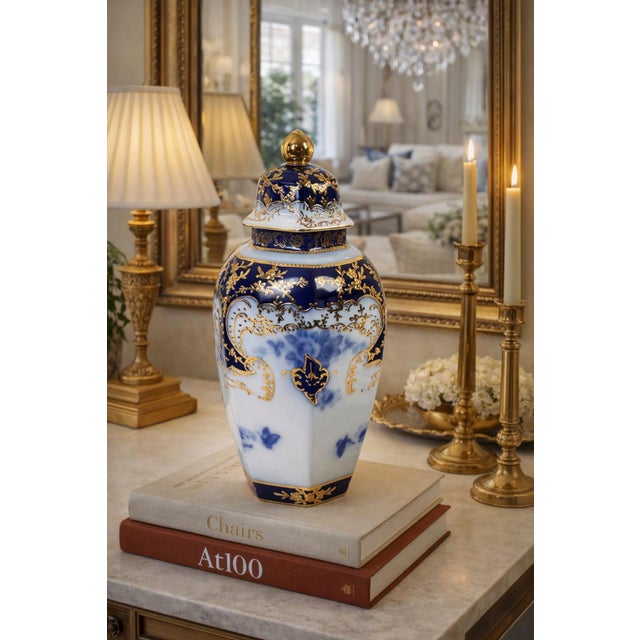 French Late 20th Century Cobalt Blue & Gilt French Limoges Hand-Painted Porcelain Ginger Jar Urn With Lid For Sale - Image 3 of 12