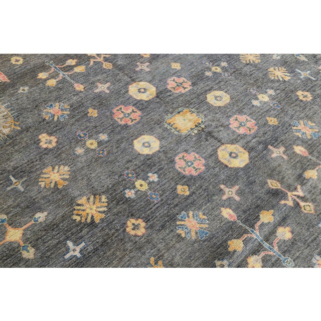Modern Khotan Style Charcoal Grey & Gold Handmade Wool Rug 10x14 For Sale - Image 11 of 12