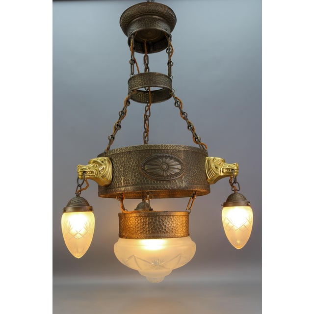 German Art Deco Metal and Frosted Glass Chandelier with Dog Heads, 1930s For Sale - Image 3 of 18