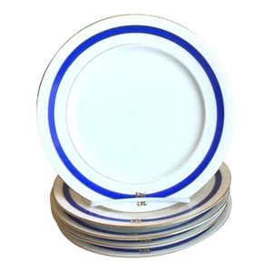 Antique Cfh Haviland Limoges France Blue Gold Monogrammed Salad Plates- Set of 5