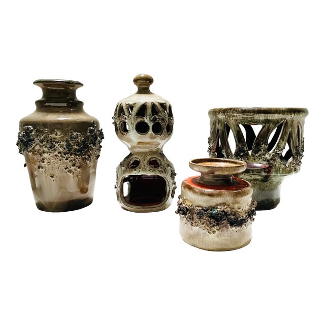 Mid Century Icelandic Glit Lava Pottery Set- 4 Pieces For Sale