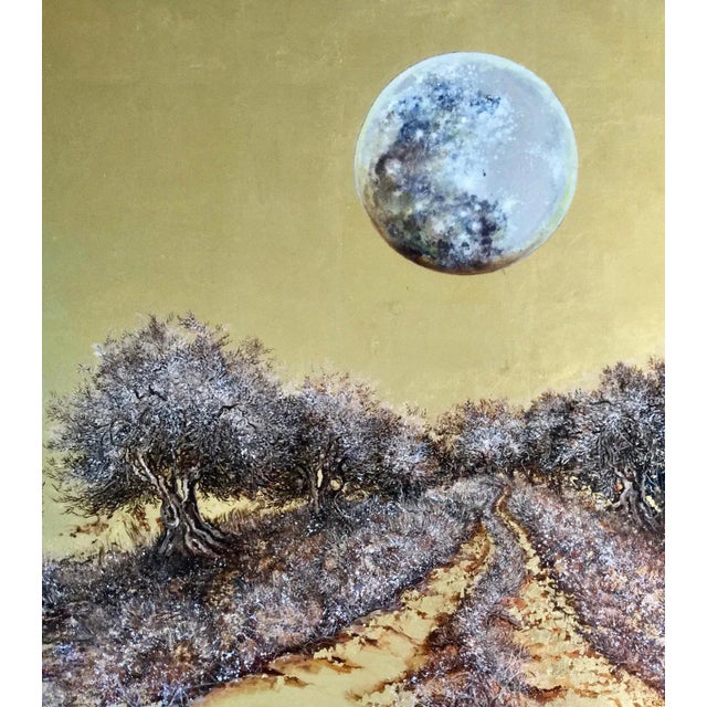 Moonlight Walking, Landscape Gold Leaf & Oil Painting with Trees and a Full Moon, 2020 For Sale - Image 6 of 8