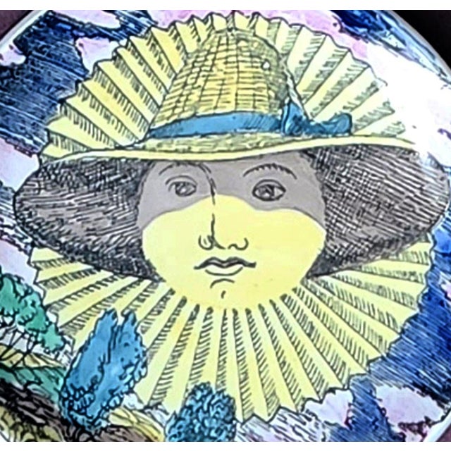 Mid-Century Modern Piero Fornasetti “12 Mesi, 12 Soli” Porcelain Coaster, June, Sun in a Straw Hat, Framed For Sale - Image 3 of 5