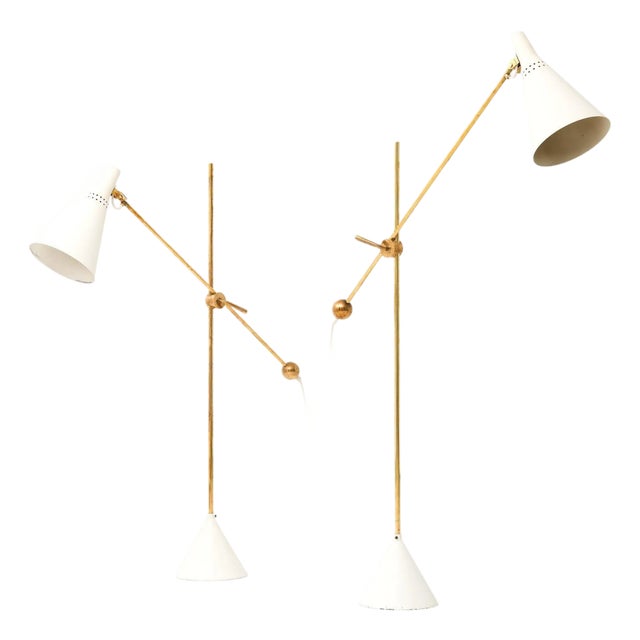 Floor Lamps in White Lacquered Metal and Brass attributed to Tapio Wirkkala, 1950s, Set of 2 For Sale