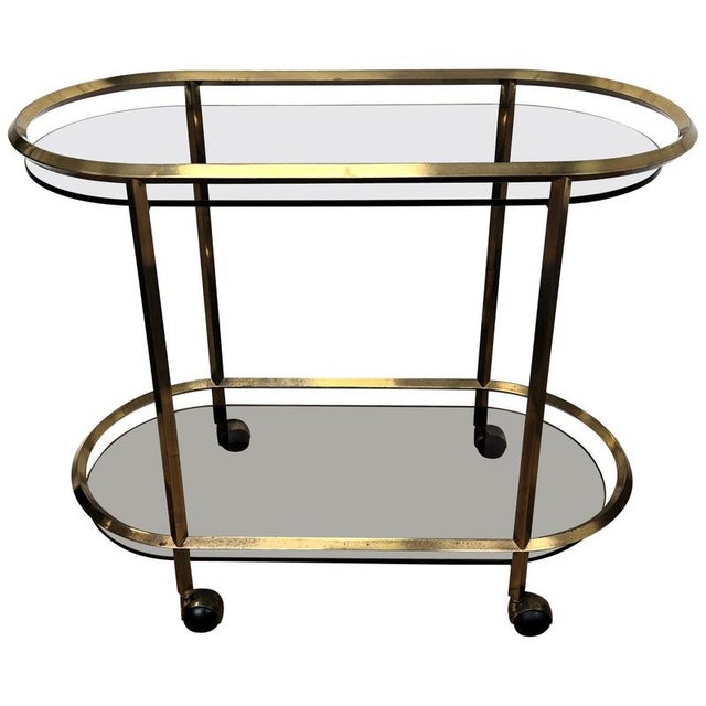 Italian Two-Tier Brass and Glass Bar Cart with Dark Glass Top by Milo Baughman, 1970s For Sale - Image 9 of 9