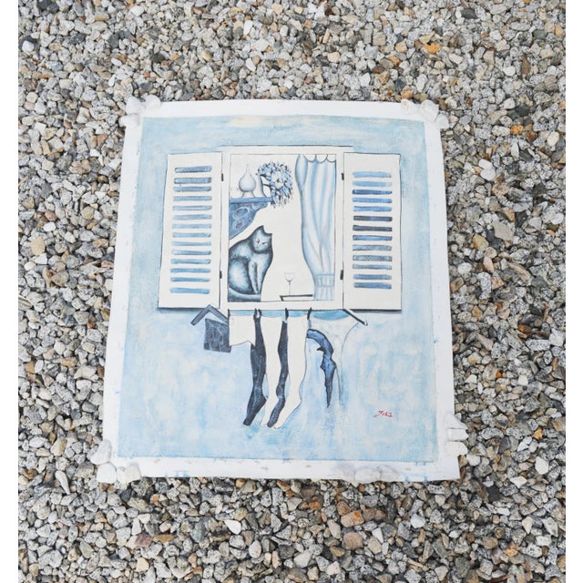 1990s 1995 Vintage Cubist Sky Blue Oil Painting on Canvas, Signed Dated For Sale - Image 5 of 13