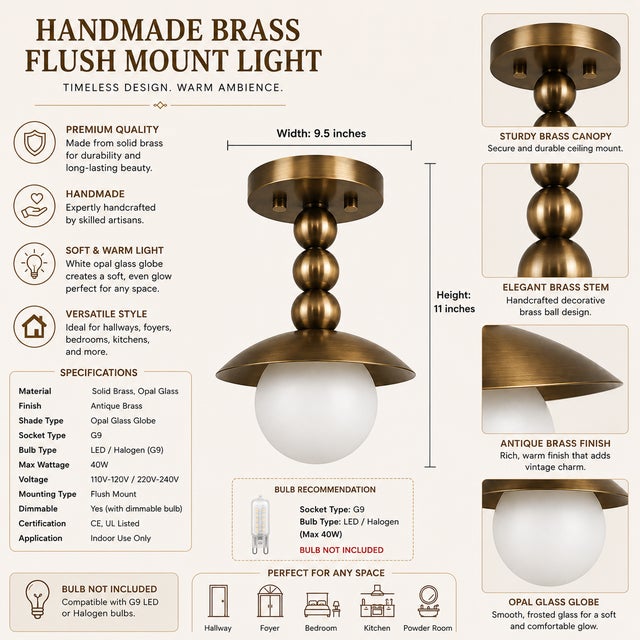 Mid-Century Modern Handmade Brass Flush Mount Ceiling Light, Mid Century Modern Globe Ceiling Fixture, Antique Brass Semi Flush Mount Light for Hallway Bedroom For Sale - Image 3 of 11