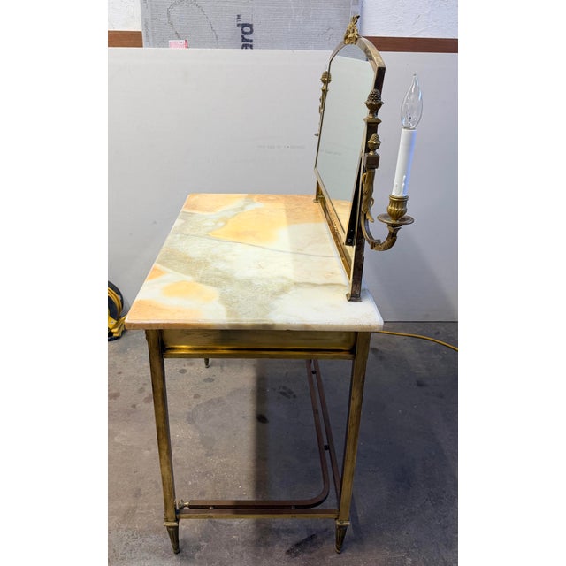 Mid 20th Century Hollywood Regency Brass and Onyx Dressing Table With Candelabra Mirror For Sale - Image 4 of 15