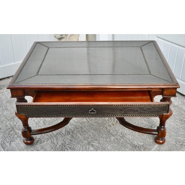 Brown Vintage Theodore Alexander Brass Embossed Regency Style Cocktail Table W/Leather For Sale - Image 8 of 13