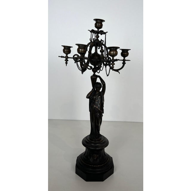 French Pair of large patinated bronze candelabras representing caryatids For Sale - Image 3 of 12